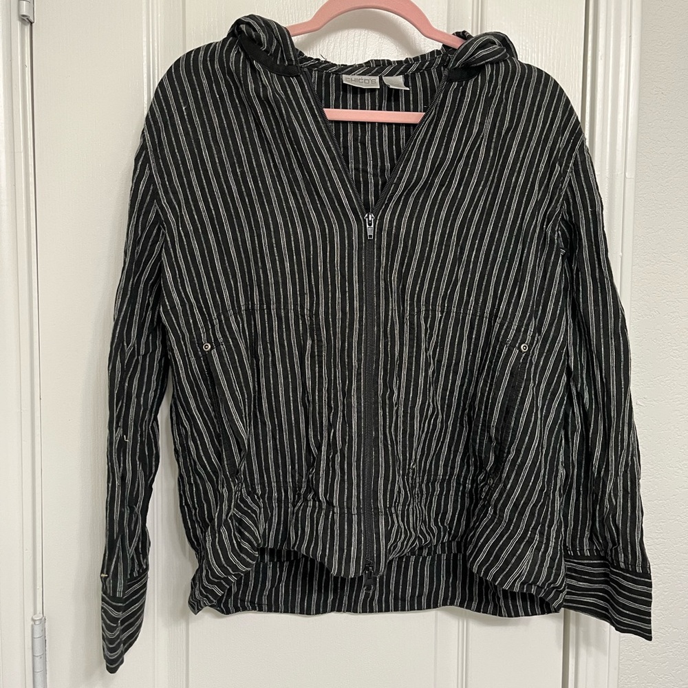 CHICOS striped Black and White Hoodie 100% linen